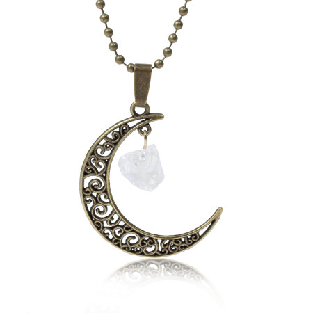 Picture of New Fashion Druzy /Drusy Quartz Crystal Moon Pendant Necklace Ball Chain Antique Bronze White Flower Hollow Carved 51.0cm(20 1/8") long, 1 Piece