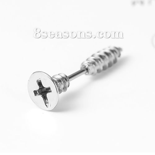 Bild von Zinklegierung Doppelseitige Ohrringe Ohrstecker Silberfarbe Schraube 24mm x 8mm Drahtstärke: (21 gauge) 1 Stück