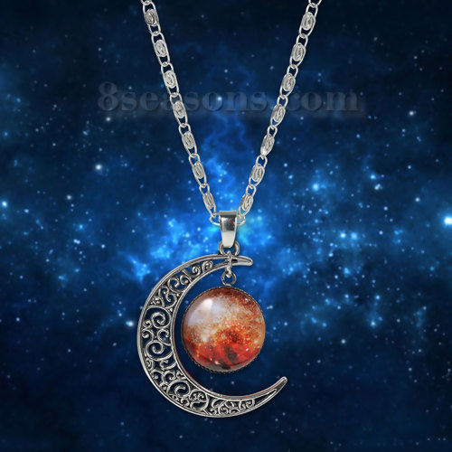 Изображение Новая мода Стеклянные Вселенная Галактика  Кабошон  Ожерелья Снаряженные Цепи Античное Серебро Разноцветный Луна 47.0смДлина, 1 ШТ