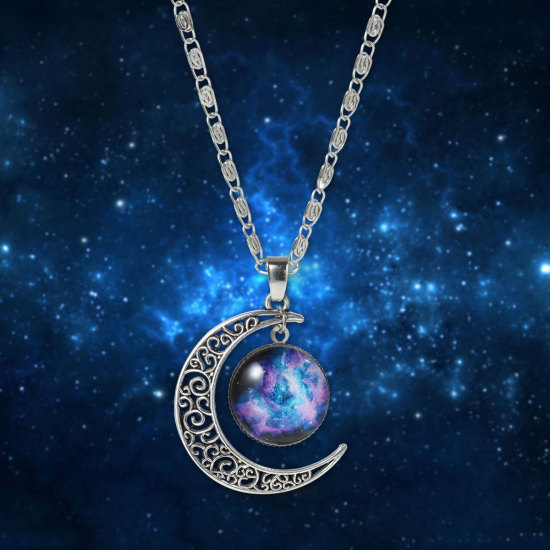 Bild von Mystische Galaxie Universum Halskette Anhänger für Damen Mond Halbmond Glas Cabochon 47.0cm lang, 1 Streif
