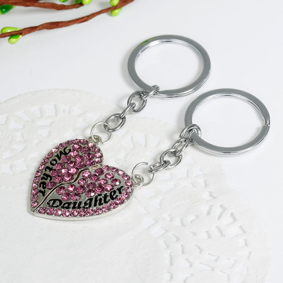Picture of New Fashion Key Chains Key Rings Broken Heart Silver Tone Message " Mother & Daughter " Carved Purple Rhinestone 94mm x 30mm, 1 Set(2 PCs/Set)