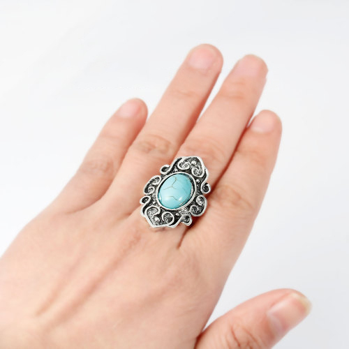 Picture of Howlite Imitated Turquoise Boho Chic Adjustable Rings Antique Silver Color Blue Olivary Pattern 17.5mm( 6/8")(US size 7), 1 Piece