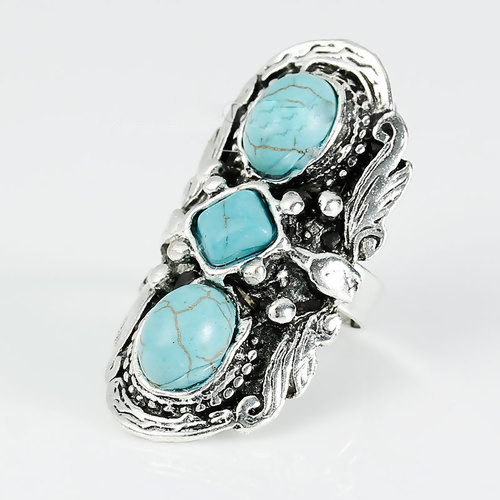 Picture of Howlite Imitated Turquoise Boho Chic Adjustable Rings Antique Silver Color Blue Oval 17.7mm( 6/8")(US Size 7.25) - 14.5mm( 5/8")(US Size 3.5), 1 Piece