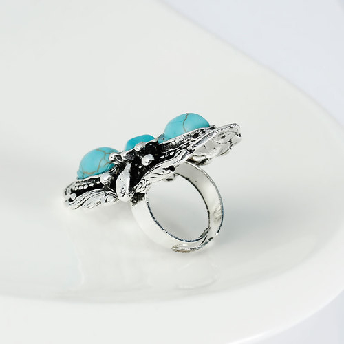 Picture of Howlite Imitated Turquoise Boho Chic Adjustable Rings Antique Silver Color Blue Oval 17.7mm( 6/8")(US Size 7.25) - 14.5mm( 5/8")(US Size 3.5), 1 Piece