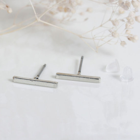 Picture of Ear Post Stud Earrings Silver Tone Rectangle 13mm x 2mm, Post/ Wire Size: (20 gauge), 1 Pair