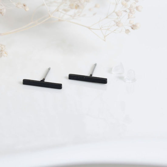 Picture of Ear Post Stud Earrings Silver Tone Rectangle 13mm x 2mm, Post/ Wire Size: (20 gauge), 1 Pair