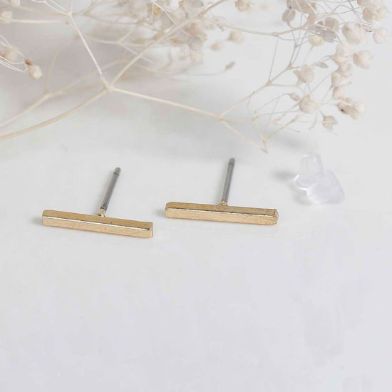 Picture of Ear Post Stud Earrings Silver Tone Rectangle 13mm x 2mm, Post/ Wire Size: (20 gauge), 1 Pair