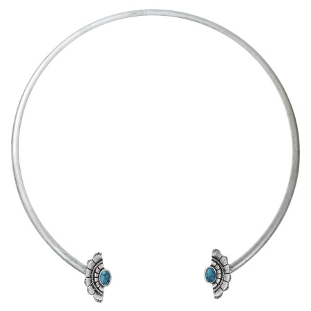 Picture of Boho Chic Collar Neck Ring Necklace Antique Silver Color Malachite Green Fan-shaped Imitation Turquoise 38cm(15") long, 1 Piece