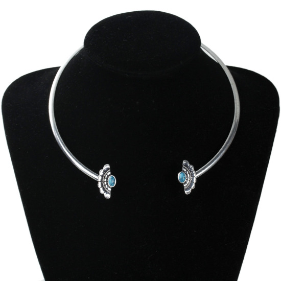 Immagine di Stile Bohemien Aperto Collana Girocollo Argento Antico Buco Verde A Forma di Ventagli Turchese Imitato 38cm, 1 Pz