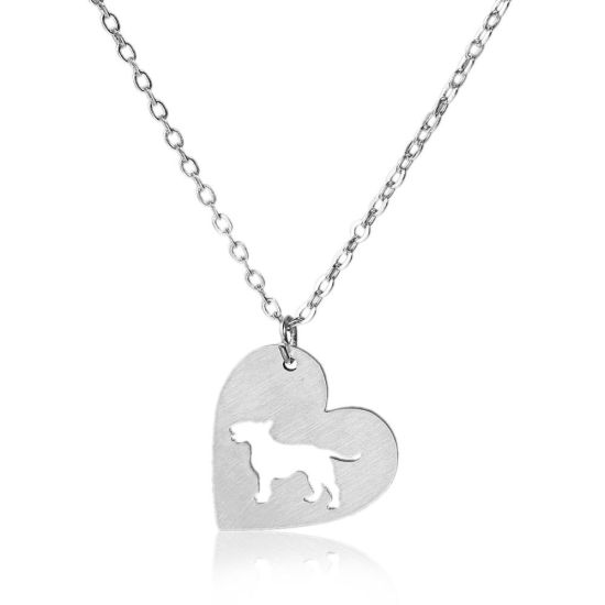 Picture of 304 Stainless Steel Pet Silhouette Necklace Silver Tone Dog Animal Heart 42cm(16 4/8") long, 1 Piece