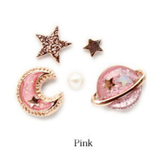 Picture of Zinc Based Alloy Ear Post Stud Earrings Set Gold Plated Pink Planet Moon Imitation Pearl 12mm x 8mm - 3mm, Post/ Wire Size: (21 gauge), 1 Set