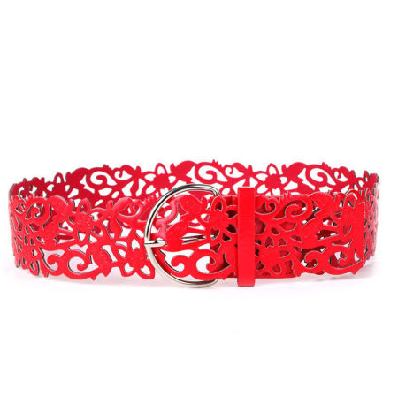 Image de Ceinture Femme en PU Cuir Dentelle Argent Mat Rouge 103cm x 7cm, 1 Pièce