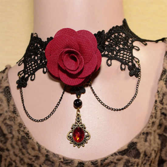 Picture of Gothic Choker Necklace Antique Bronze Rose Flower Lace Red Rhinestone 32cm(12 5/8") long, 1 Piece
