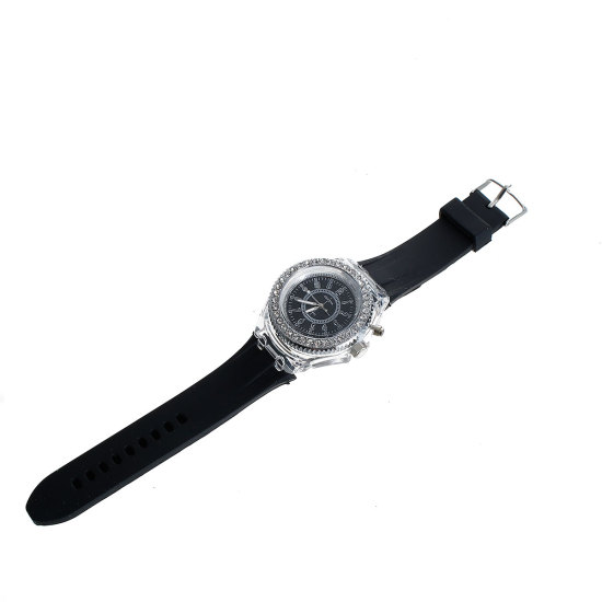 Picture of Silicone Wrist Watches Round Number Black Adjustable Clear Rhinestone Battery Included 25.2cm long, 1 Piece