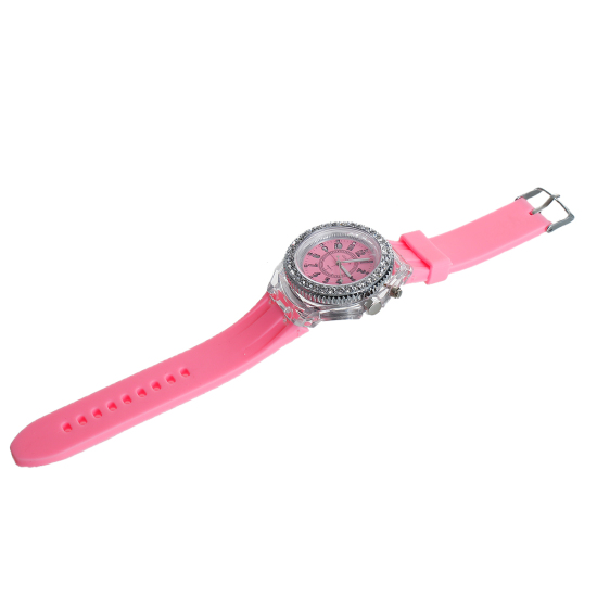 Picture of Silicone Wrist Watches Round Number Pink Adjustable Clear Rhinestone Battery Included 25.2cm long, 1 Piece