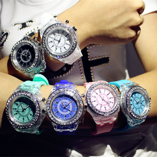 Picture of Silicone Wrist Watches Round Number Pink Adjustable Clear Rhinestone Battery Included 25.2cm long, 1 Piece