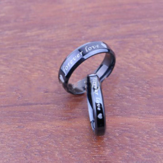 Bild von Edelstahl Uneinstellbar Ring Schwarz Herz " Forever Love " 19.1mm（US Größe:9.25), 1 Stück