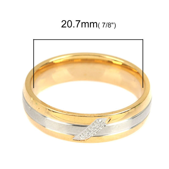 Picture of Stainless Steel Unadjustable Rings Gold Plated & Silver Tone Circle Ring Stripe Clear Rhinestone 20.7mm(US Size 11), 1 Piece