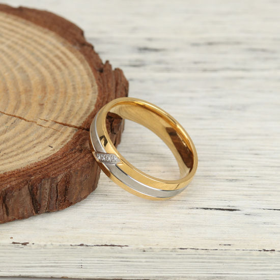 Bild von Edelstahl Uneinstellbar Ring Vergoldet & Silberfarbe Ring Streifen Transparent Strass 20.7mm（US Größe:11), 1 Stück