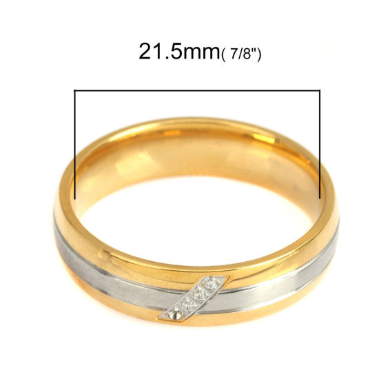 Picture of Stainless Steel Unadjustable Rings Gold Plated & Silver Tone Circle Ring Stripe Clear Rhinestone 21.5mm(US Size 12), 1 Piece