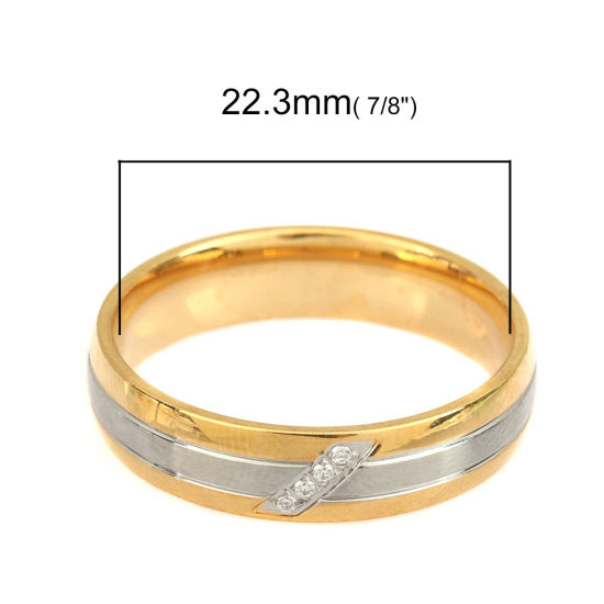 Picture of Stainless Steel Unadjustable Rings Gold Plated & Silver Tone Circle Ring Stripe Clear Rhinestone 22.2mm(US Size 13), 1 Piece