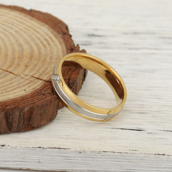 Bild von Edelstahl Uneinstellbar Ring Vergoldet & Silberfarbe Ring Streifen Transparent Strass 22.2mm（US Größe:13), 1 Stück