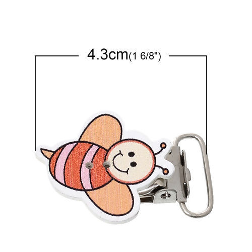 Picture of Wood Baby Pacifier Clip Bee Animal At Random Mixed Smile 43mm(1 6/8") x 30mm(1 1/8"), 4 PCs