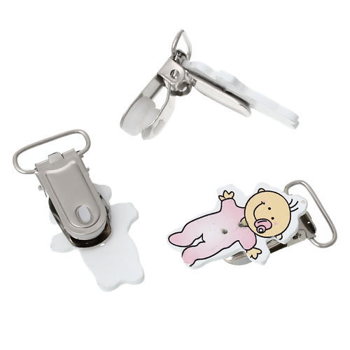 Imagen de Wood Baby Pacifier Clip Baby At Random 48mm(1 7/8") x 26mm(1"), 4 PCs