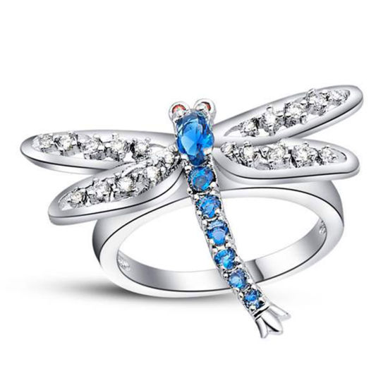 Picture of Brass Rings Silver Tone Dragonfly Animal Royal Blue&Transparent Rhinestone 18.3mm(US Size 8.25), 1 Piece                                                                                                                                                      