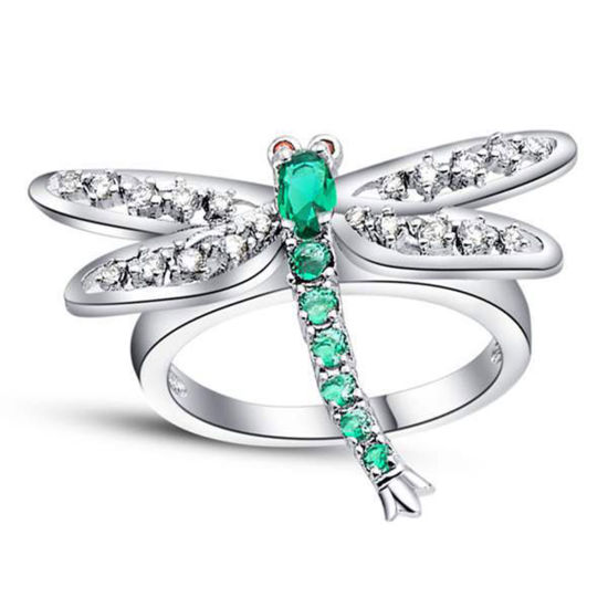 Picture of Brass Unadjustable Rings Dragonfly Animal Silver Tone Clear & Green Rhinestone 17.3mm(US Size 7), 1 Piece                                                                                                                                                     