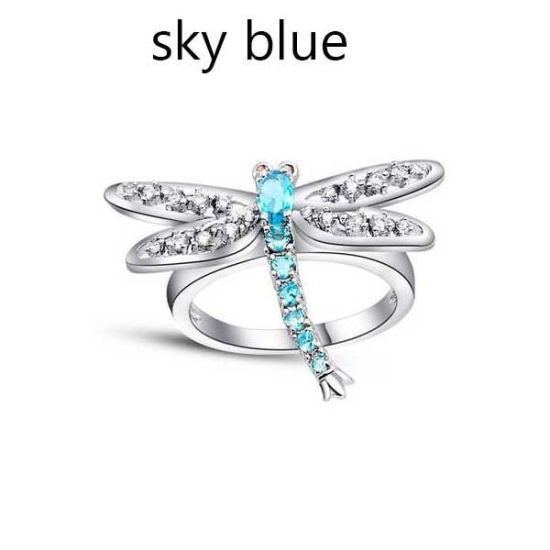 Picture of Brass Unadjustable Rings Dragonfly Animal Silver Tone Clear & Green Rhinestone 17.3mm(US Size 7), 1 Piece                                                                                                                                                     