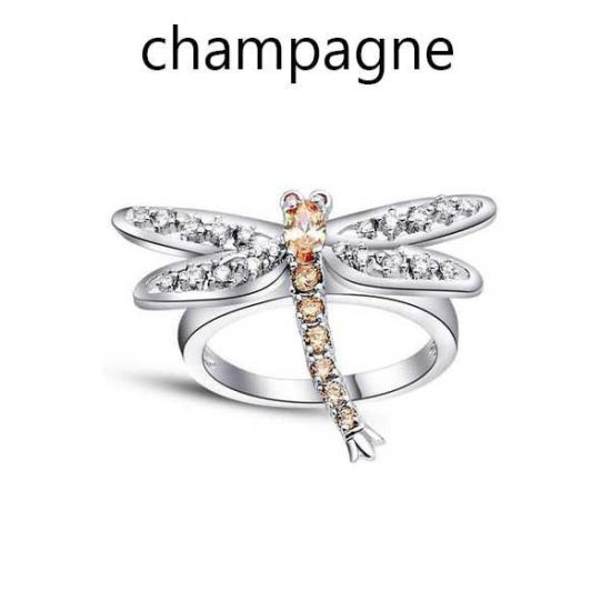 Picture of Brass Unadjustable Rings Dragonfly Animal Silver Tone Clear & Green Rhinestone 17.3mm(US Size 7), 1 Piece                                                                                                                                                     