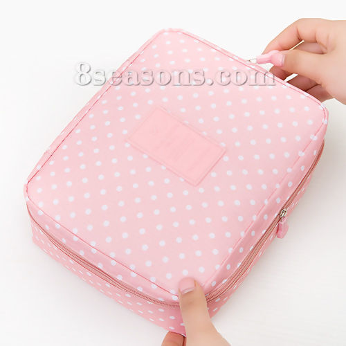 Picture of Oxford Fabric Makeup Wash Bag Rectangle White & Pink Dot 21cm(8 2/8") x 16cm(6 2/8"), 1 Piece