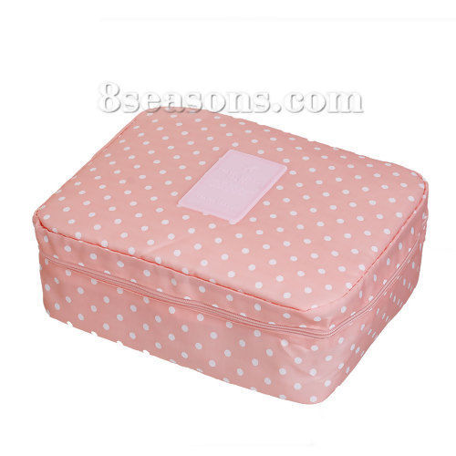 Picture of Oxford Fabric Makeup Wash Bag Rectangle White & Pink Dot 21cm(8 2/8") x 16cm(6 2/8"), 1 Piece