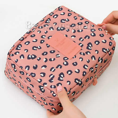 Изображение Oxford Fabric Makeup Wash Bag Rectangle Peachy Beige Leopard Print 21cm(8 2/8") x 16cm(6 2/8"), 1 Piece