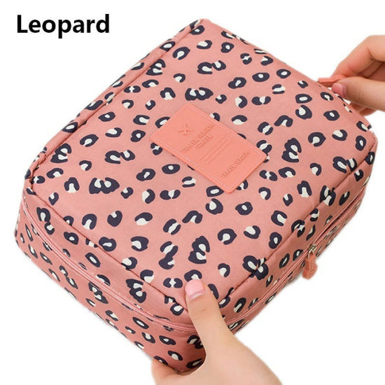 Picture of Oxford Fabric Makeup Wash Bag Rectangle Peachy Beige Leopard Print 21cm(8 2/8") x 16cm(6 2/8"), 1 Piece