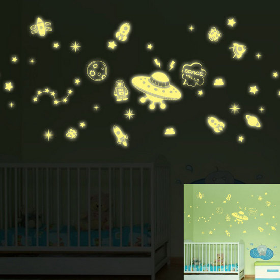 Immagine di Adesivi murali luminosi in PVC verde per pianeta UFO modello rettangolare 30x23cm-1 Foglio