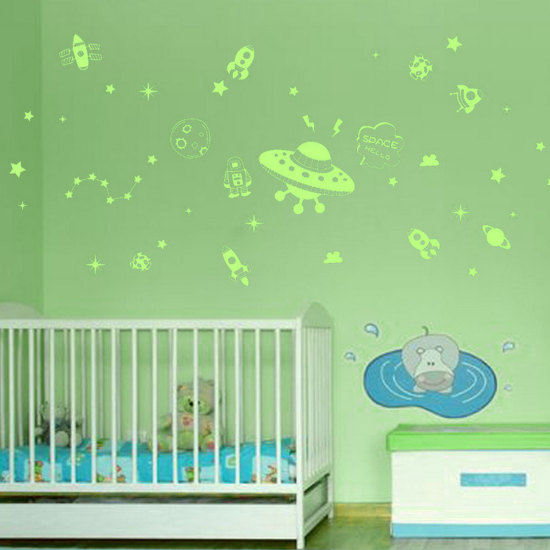 Immagine di Adesivi murali luminosi in PVC verde per pianeta UFO modello rettangolare 30x23cm-1 Foglio