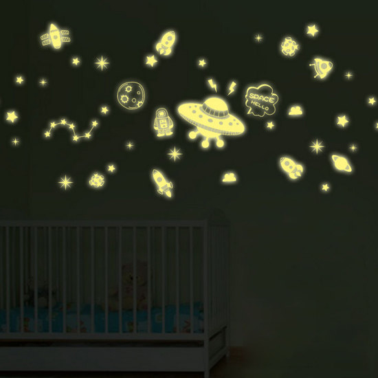 Immagine di Adesivi murali luminosi in PVC verde per pianeta UFO modello rettangolare 30x23cm-1 Foglio