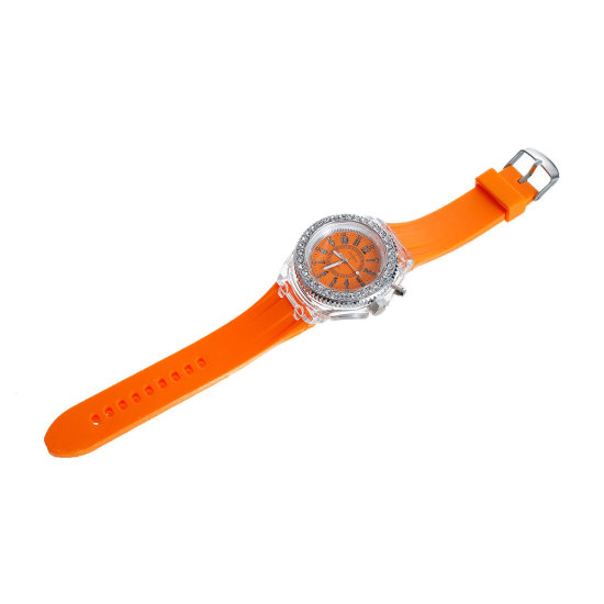 シリコーン 時計 円形 シルバートーン 数字 調整可能 オレンジ色 透明ラインストーンを含む 電池付属 25.2cm長さ、 1 個 の画像
