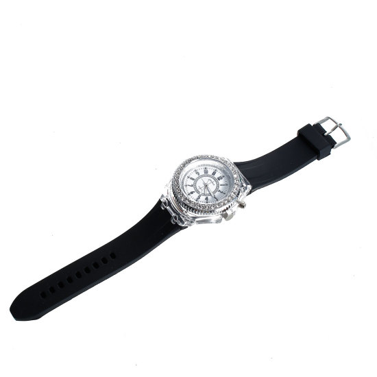 Picture of Silicone Wrist Watches Round Silver Tone Number Black Adjustable Clear Rhinestone Battery Included 25.2cm long, 1 Piece