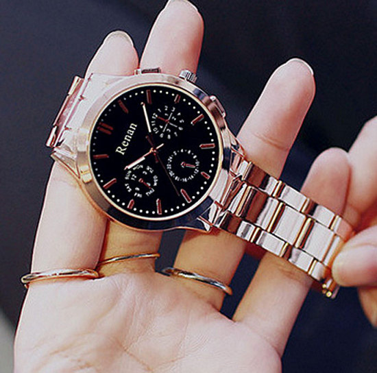 Bild von Eisenlegierung Armbanduhr Uhr Rund Rosegold Schwarz Verstellbar (inkl. Batterie) 22cm lang, 1 Stück