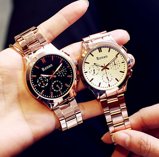 Picture of Iron Based Alloy Wrist Watches Round Rose Gold Black Adjustable Battery Included 22cm long, 1 Piece