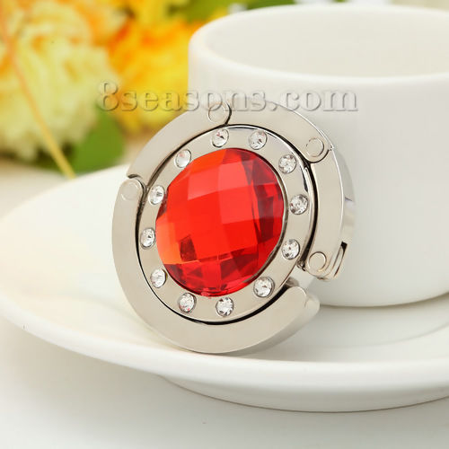 Picture of Zinc Based Alloy Portable Foldable Women's Handbag Purse Hanger Holder Table Hook Silver Tone Red Clear Rhinestone 4.4cm x 4.4cm, 1 Piece