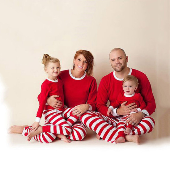 綿 クリスマス ファミリーマッチング寝間着ナイトウェアパジャマセット 赤 縞模様 お子様に適しています 4歳  1 セット の画像