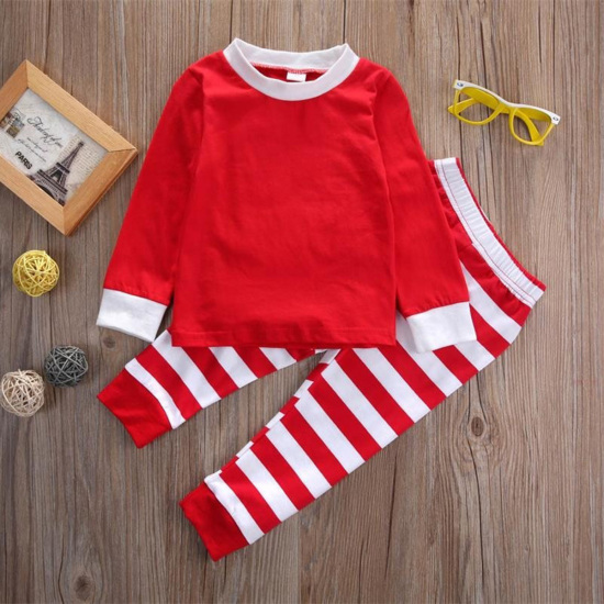 綿 クリスマス ファミリーマッチング寝間着ナイトウェアパジャマセット 赤 縞模様 お子様に適しています 4歳  1 セット の画像