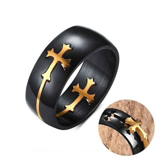 Image de Bagues en Acier Titane Non Ajustable Doré Noir Rond Croix 17.5mm (Taille d'US: 7.25) , 1 Pièce