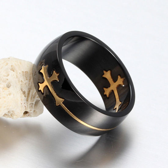 Image de Bagues en Acier Titane Non Ajustable Doré Noir Rond Croix 17.5mm (Taille d'US: 7.25) , 1 Pièce