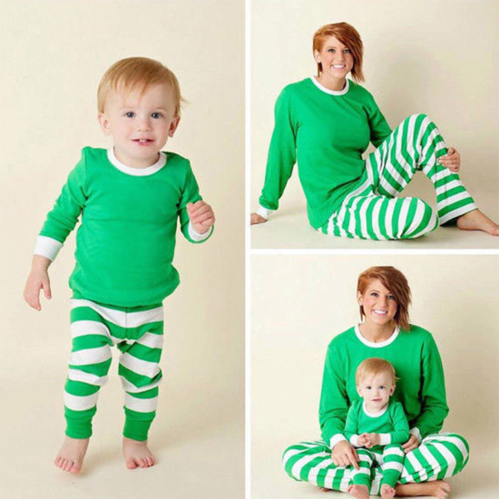Picture of Cotton Christmas Family Matching Sleepwear Nightwear Pajamas Set Green Stripe For Kids 6T, 1 Set