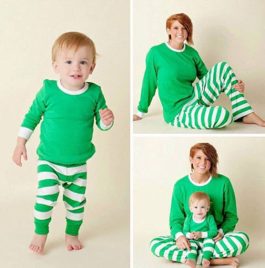 Picture of Cotton Christmas Family Matching Sleepwear Nightwear Pajamas Set Stripe Green For Kids 10T, 1 Set